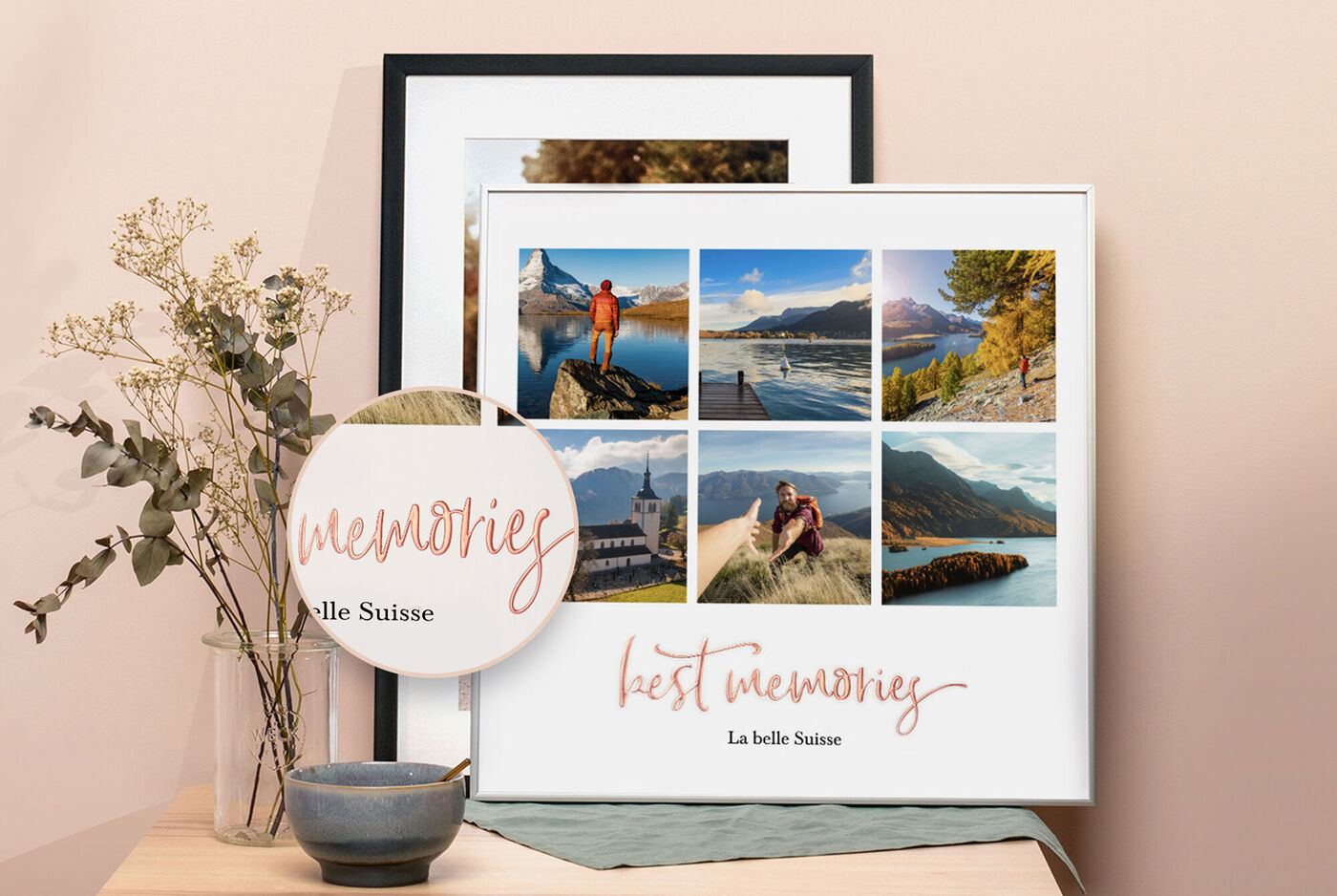 Collage de varias fotos que muestran recuerdos de Suiza, con un texto elegante abajo.