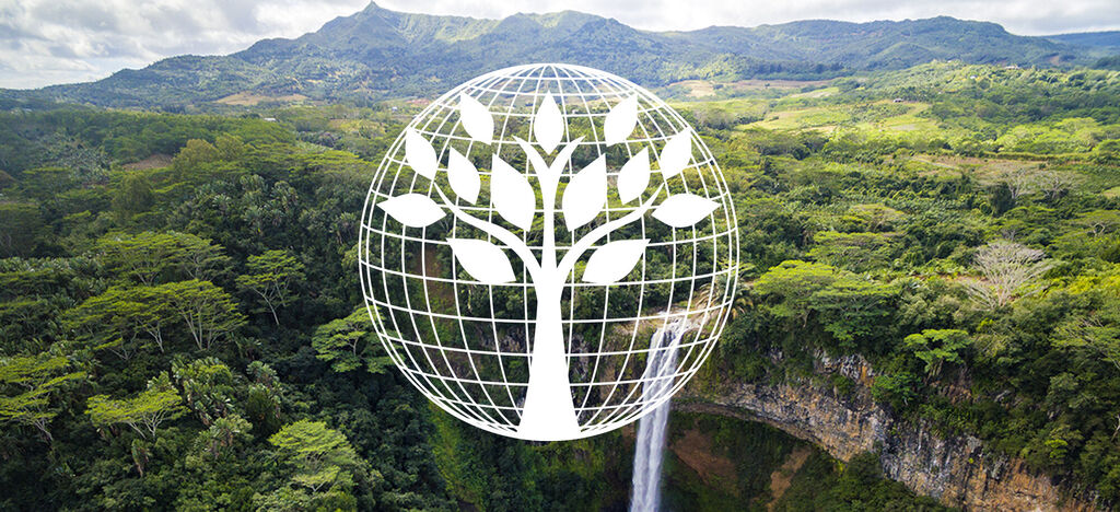 Amplio paisaje verde con una cascada brillante y un árbol estilizado en un símbolo de globo.