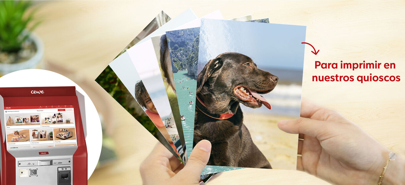 Una persona sostiene varias fotos en la mano, mientras al fondo se ve una impresora de fotos.
