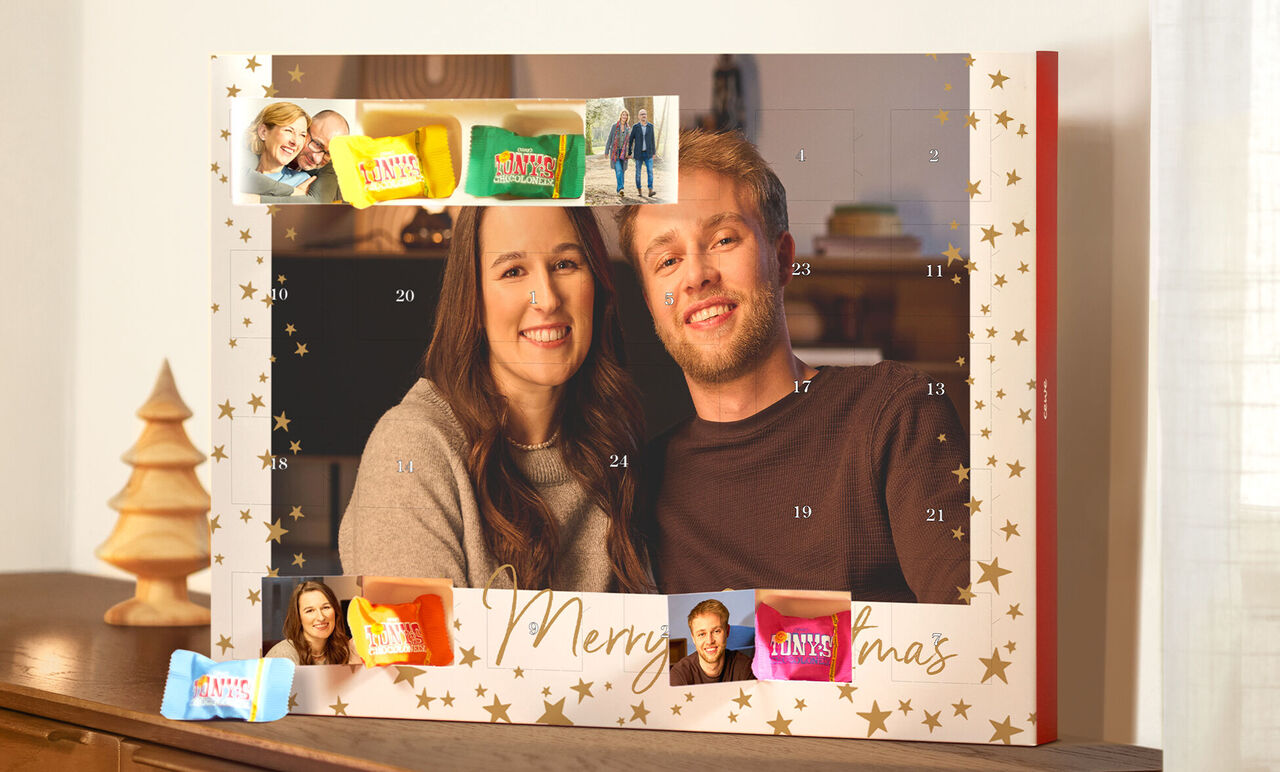 calendario de Adviento personalizado con chocolates Tony's y 24 ventanas personalizadas