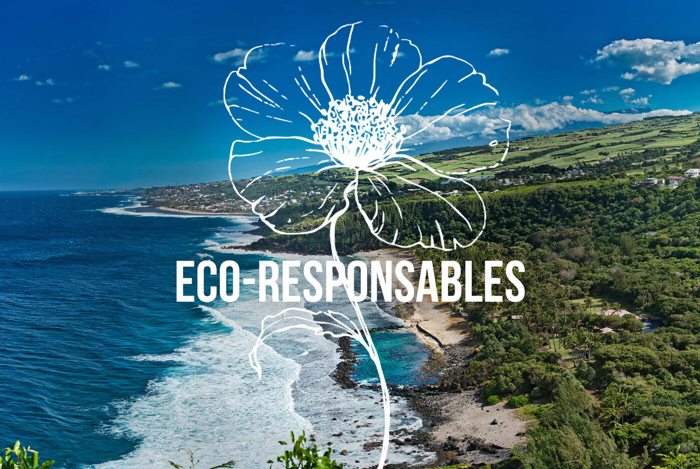 Vista de un paisaje costero con un gran patrón de flores y el texto 'ECO-RESPONSABLES'.