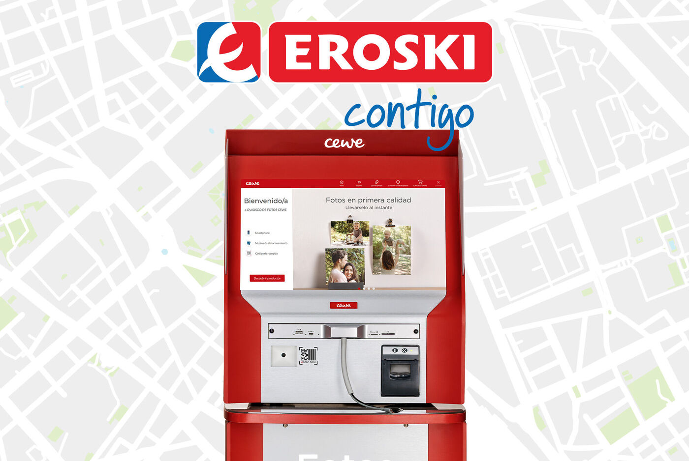 Kiosco de autoservicio EROSKI con servicios CEWE en el mapa