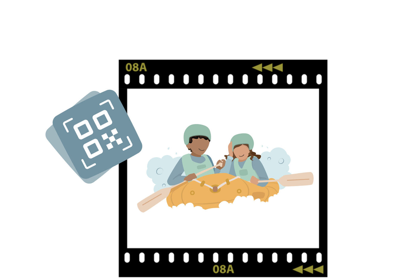 Ilustración de tira de película con dos niños jugando, icono de código QR superpuesto