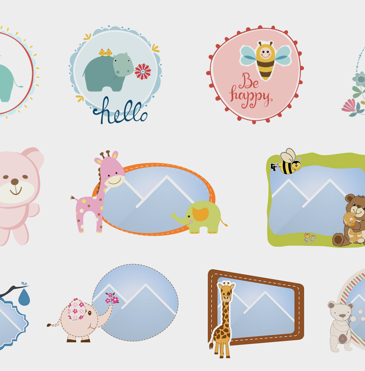 Motivo vacacional con coloridos bocetos de animales como oso, jirafa, elefante y más.