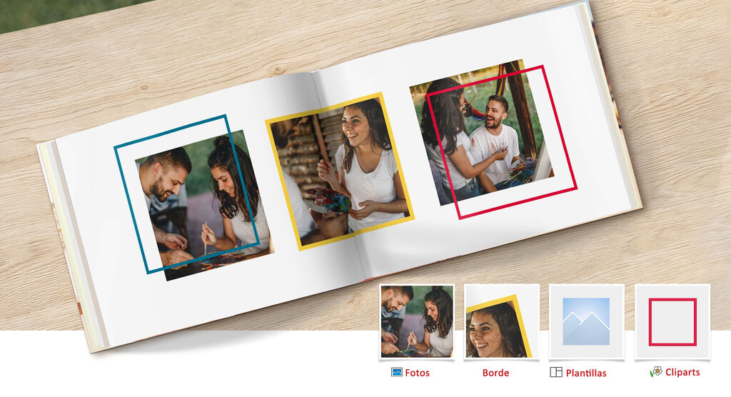 Un álbum de fotos abierto con marcos coloridos alrededor de momentos felices.