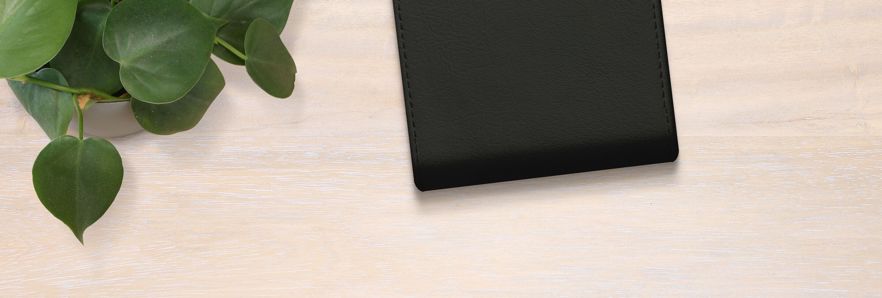 Cuaderno negro sobre madera clara con planta verde al lado
