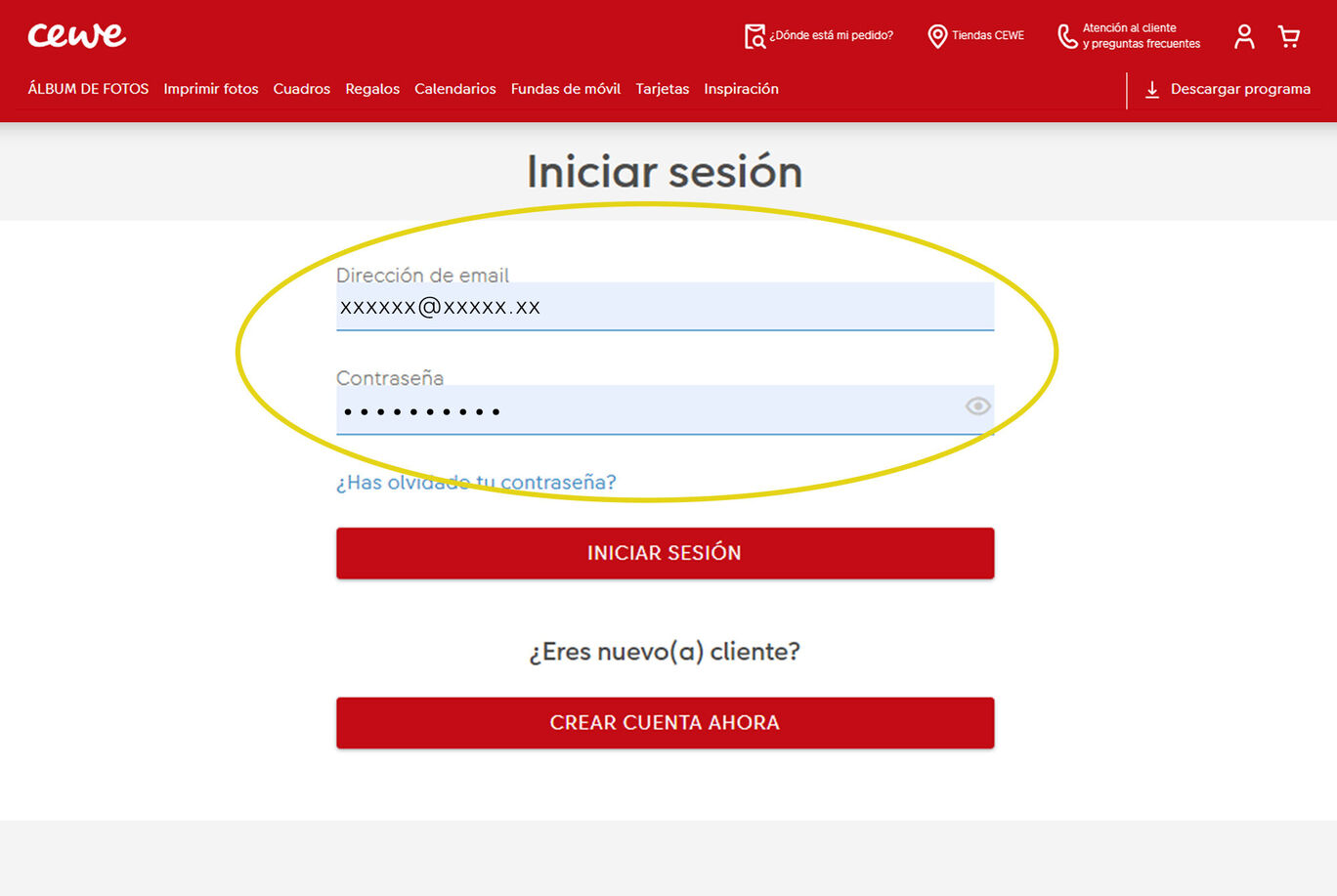 Formulario de registro para el servicio en línea de CEWE con campos para correo electrónico y contraseña