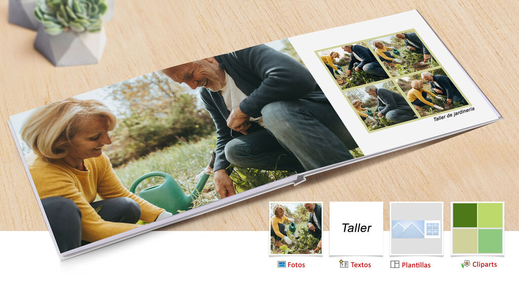 Mujer y hombre creando un álbum de fotos al aire libre y disfrutando del tiempo juntos.