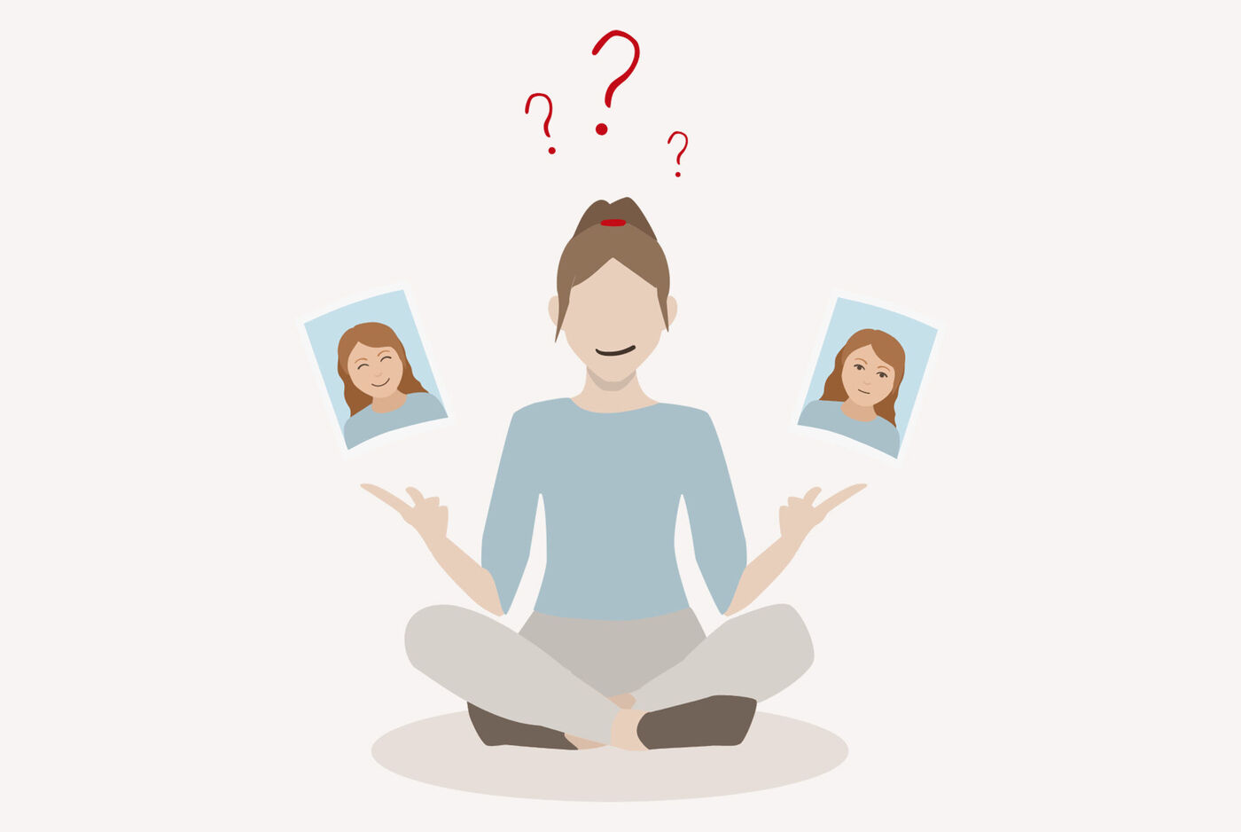 Ilustración de una persona sentada comparando dos fotografías mientras aparecen signos de interrogación sobre su cabeza