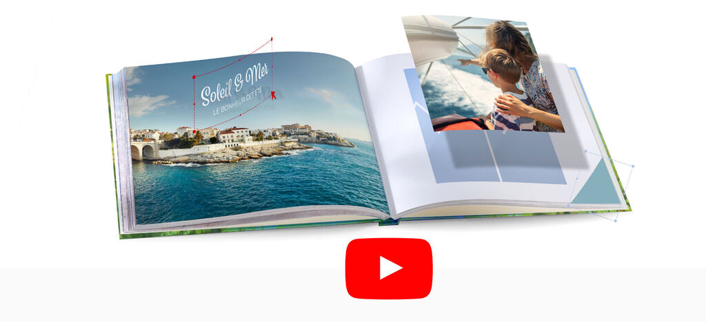 Un libro de fotos abierto con imágenes de una hermosa casa de campo y un niño en la ventana