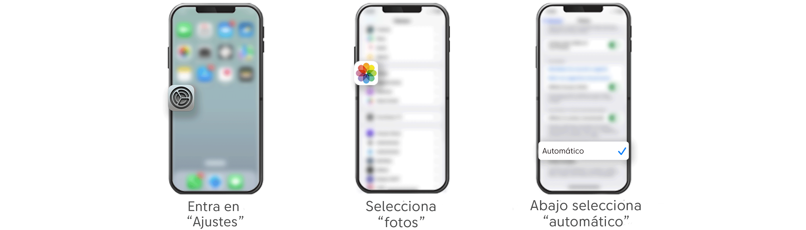 Los pasos para activar la descarga automática de fotos en configuraciones de un móvil.