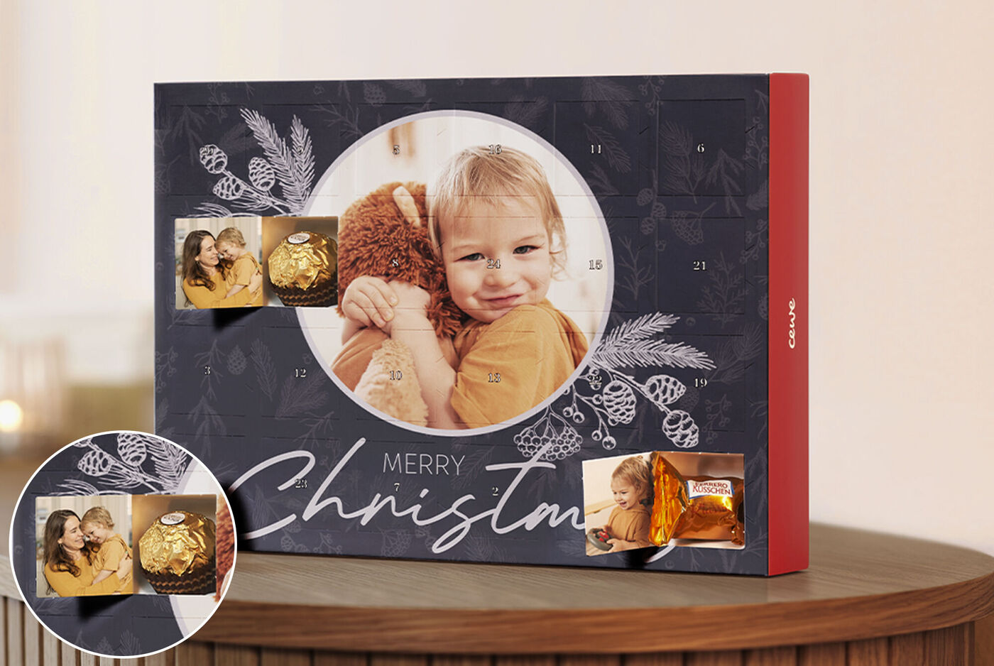 calendario de Adviento personalizado con bombones Ferrero y 24 ventanas con foto