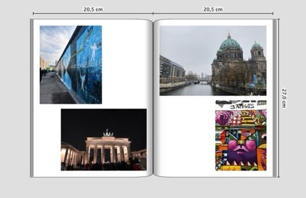 Dos páginas de un álbum con imágenes: una pared con pinturas y arquitectura de Berlín.