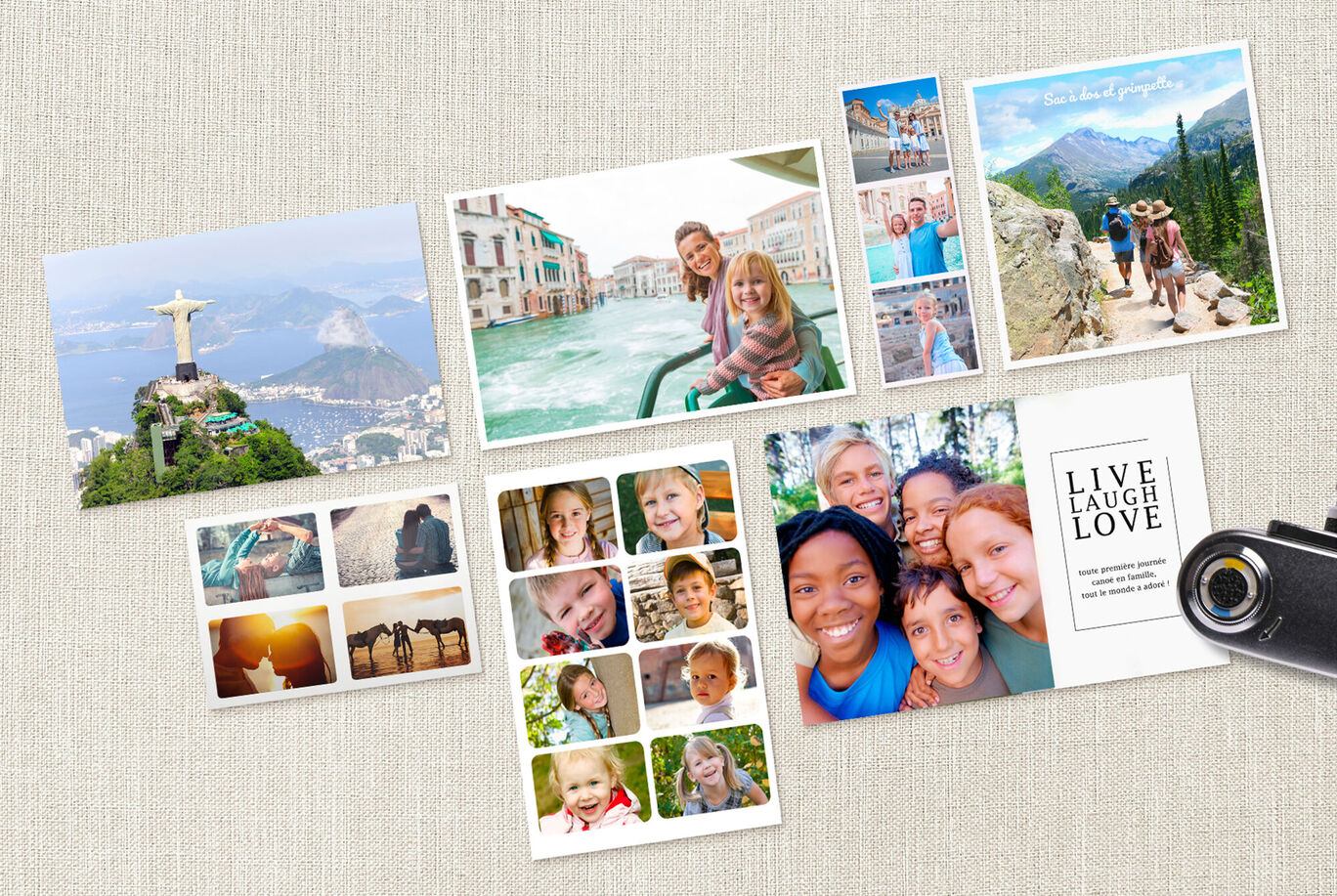 Variadas memorias fotográficas en pósteres, tarjetas y álbumes, inspiradas en experiencias y emociones.