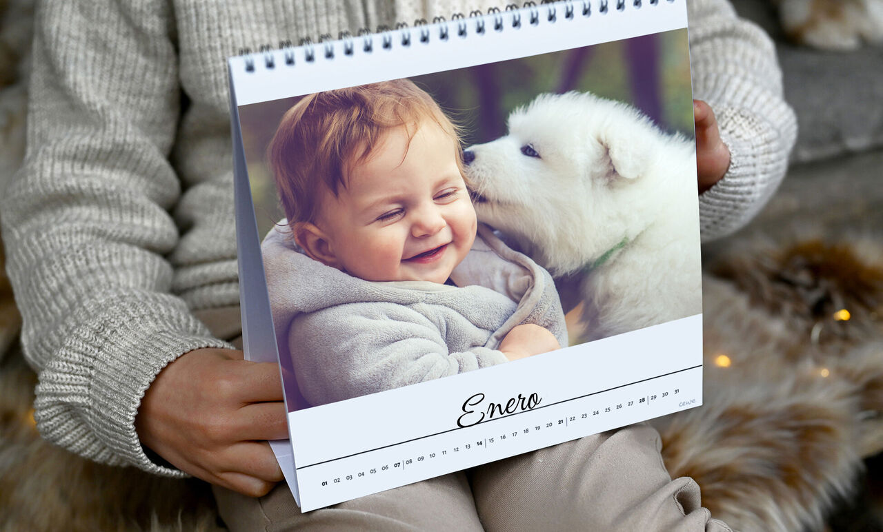 Un niño sentado con un cachorro blanco en las rodillas en un calendario de enero