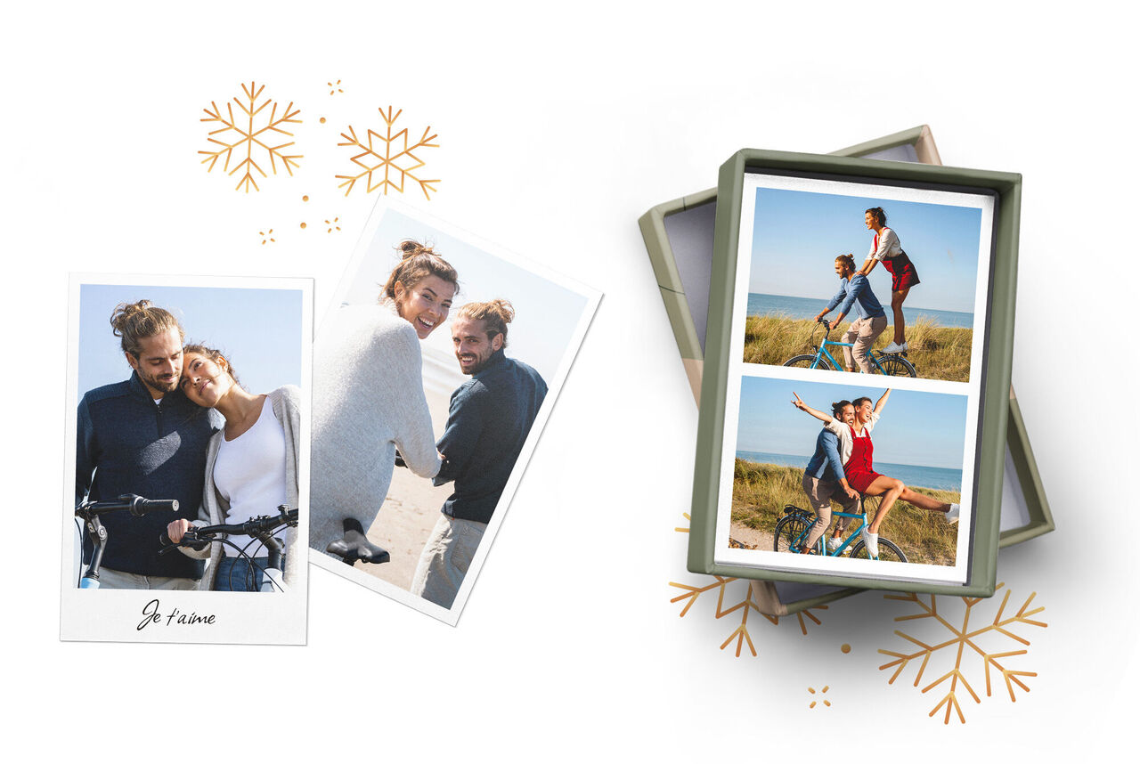 Tres fotos en una caja muestran personas felices montando en bicicleta y al aire libre, enmarcadas por un diseño decorativo.