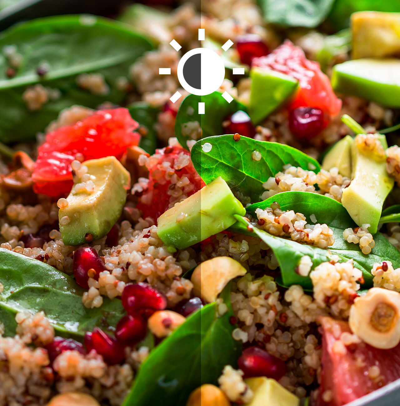 Ensalada de quinoa colorida con verduras frescas y granada