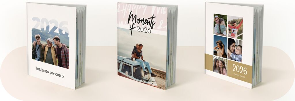 Plantillas creativas para hacer tu álbum de fotos anual del año 2026. Selecciona fotos y junta todos tus recuerdos en un libro inolvidable.