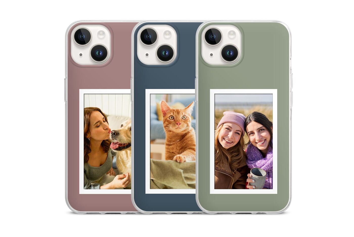 Tres fundas de teléfono en diferentes colores con espacio para fotos.