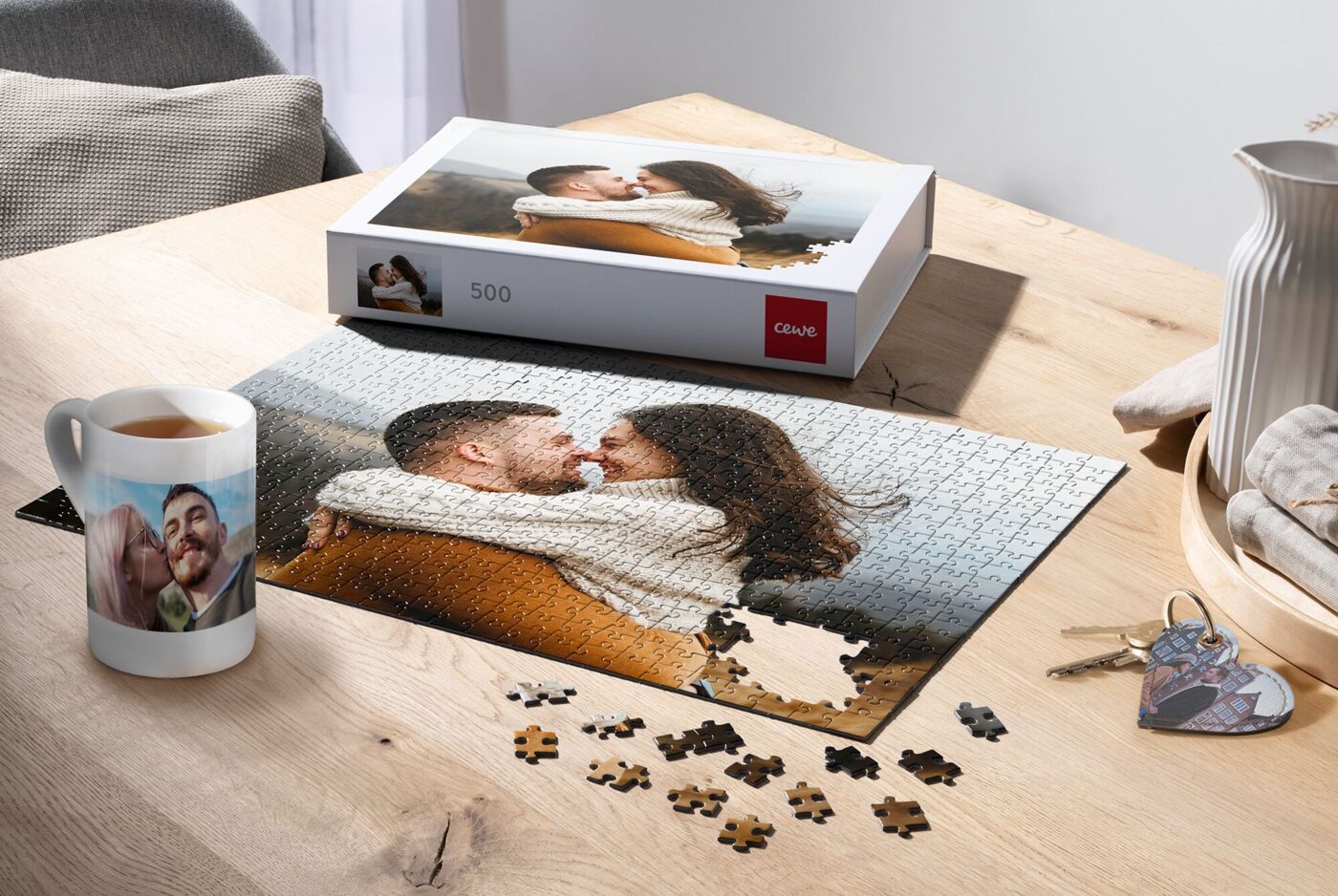 Puzzle, taza y llavero personalizado con fotos