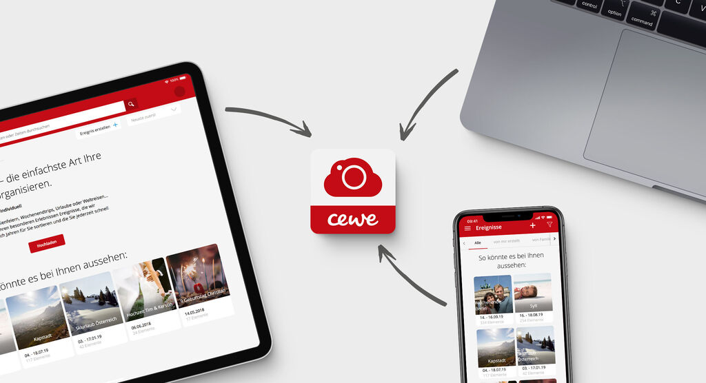 Representación de la app CEWE en diferentes dispositivos: tablet, smartphone y laptop