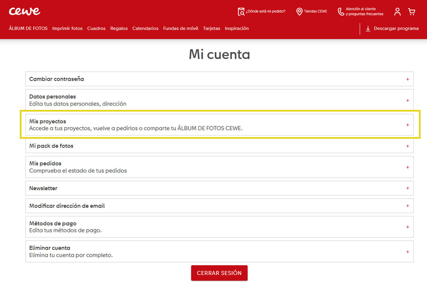 Resumen de configuraciones de usuario en el sitio web de CEWE con proyectos.