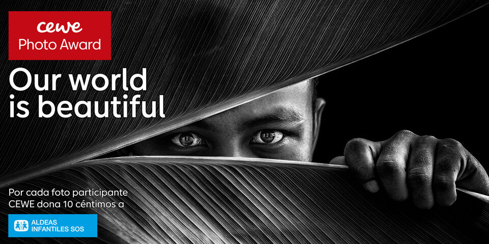 Alguien sostiene una gran planta tropical con una cara sonriente de fondo. CEWE Photo Award.