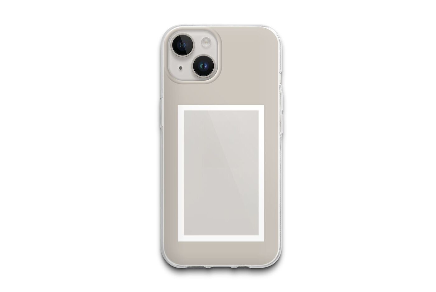 Una funda de teléfono color beige con un marco de imagen vacío.