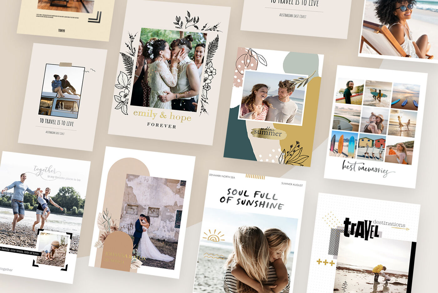 Plantillas creativas para tu álbum de fotos. Diseños ya hechos para facilitarte la creación del producto.