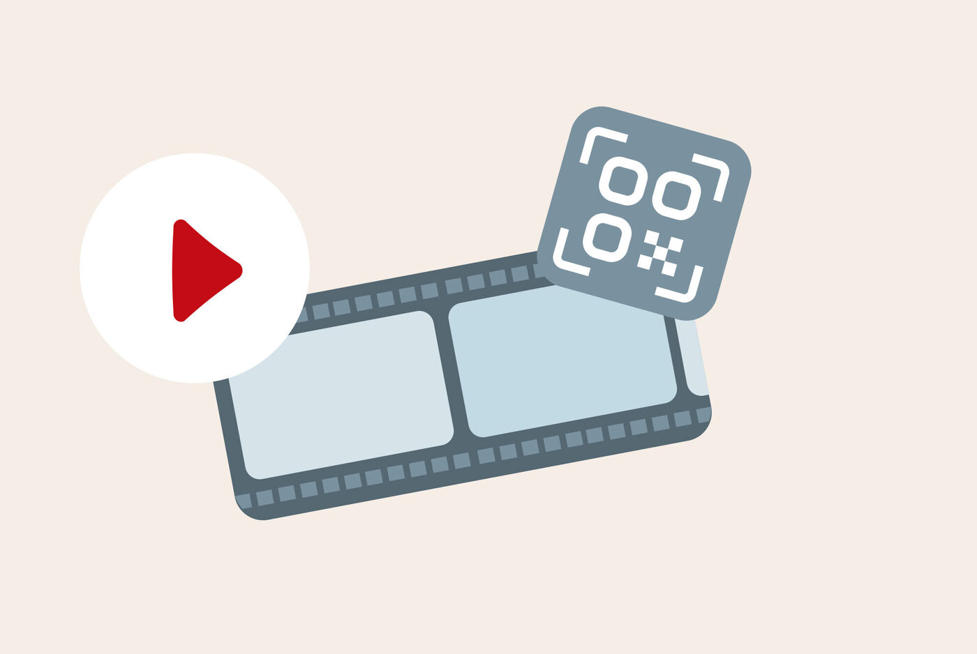 Una imagen gráfica muestra un carrete de película con un botón de reproducción y un código QR.