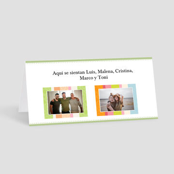 Dos fotos de amigos en una tarjeta, cada una con un marco colorido. Los nombres Luis, Malena, Cristina, Marco y Toni están escritos.