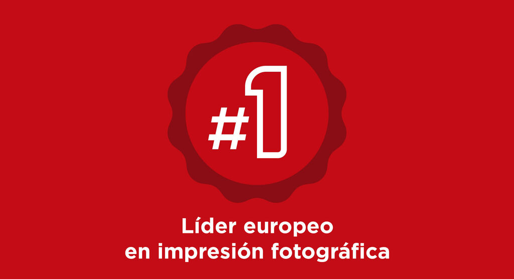 Icono con el número uno en blanco sobre fondo rojo, texto abajo "Líder europeo en impresión fotográfica".