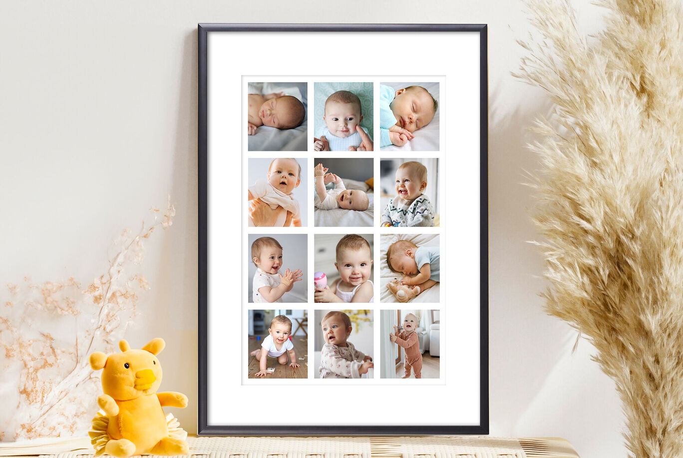 Collage enmarcado de fotos de bebés capturando momentos alegres.