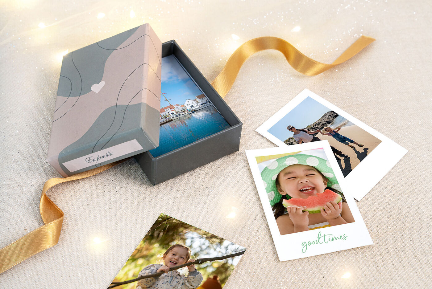 Fotos retro estilo vintage con textos y una caja de almacenaje con un corazón y un lazo.