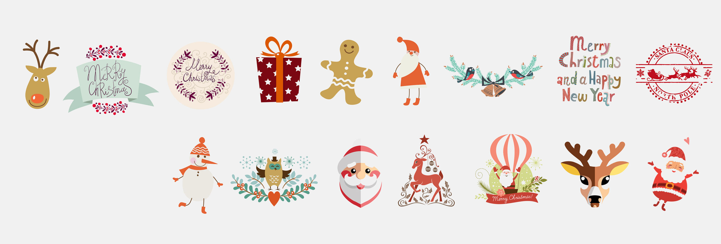 Una gráfica navideña colorida con varios motivos festivos como un reno, un regalo y nieve.
