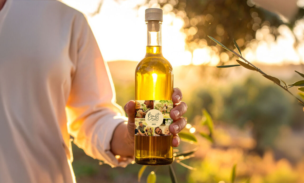 Botella de aceite de oliva al sol. Se ve una etiqueta personalizada con fotos de familia.