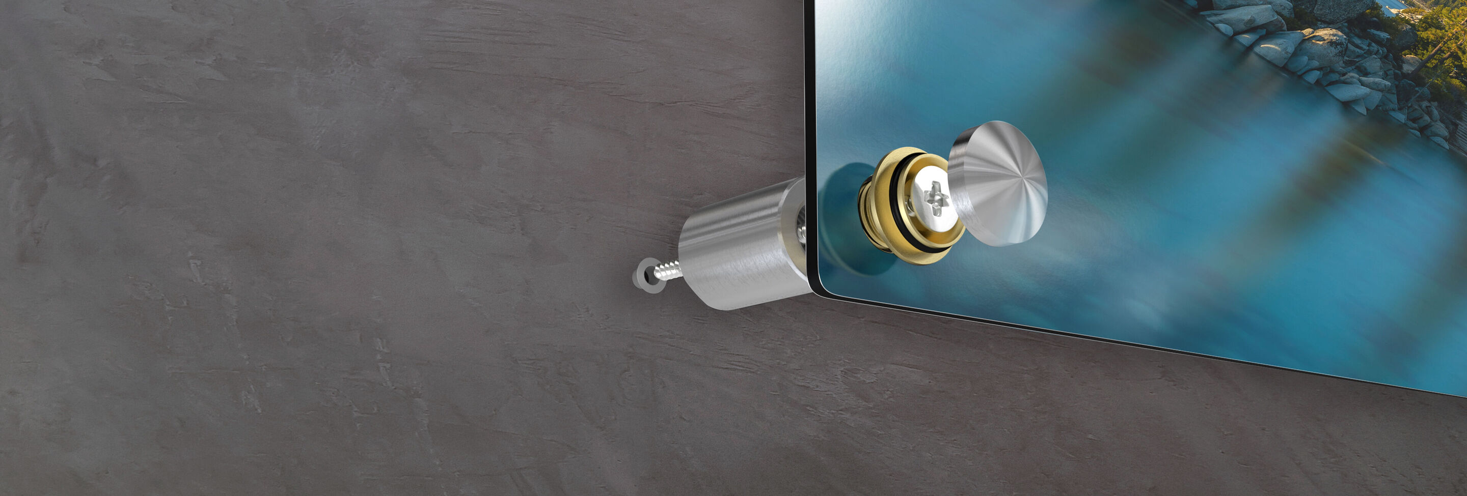 Fijación de una imagen en una pared con un soporte dorado y una placa de vidrio