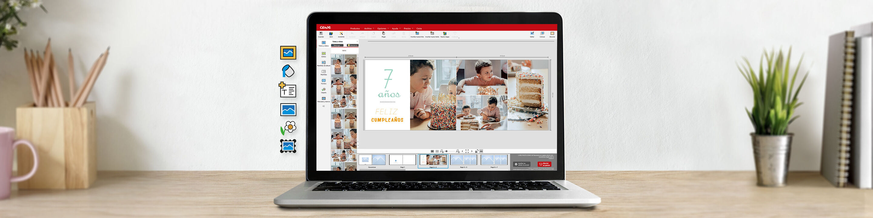 Una persona trabajando en un CEWE fotolibro en un portátil.