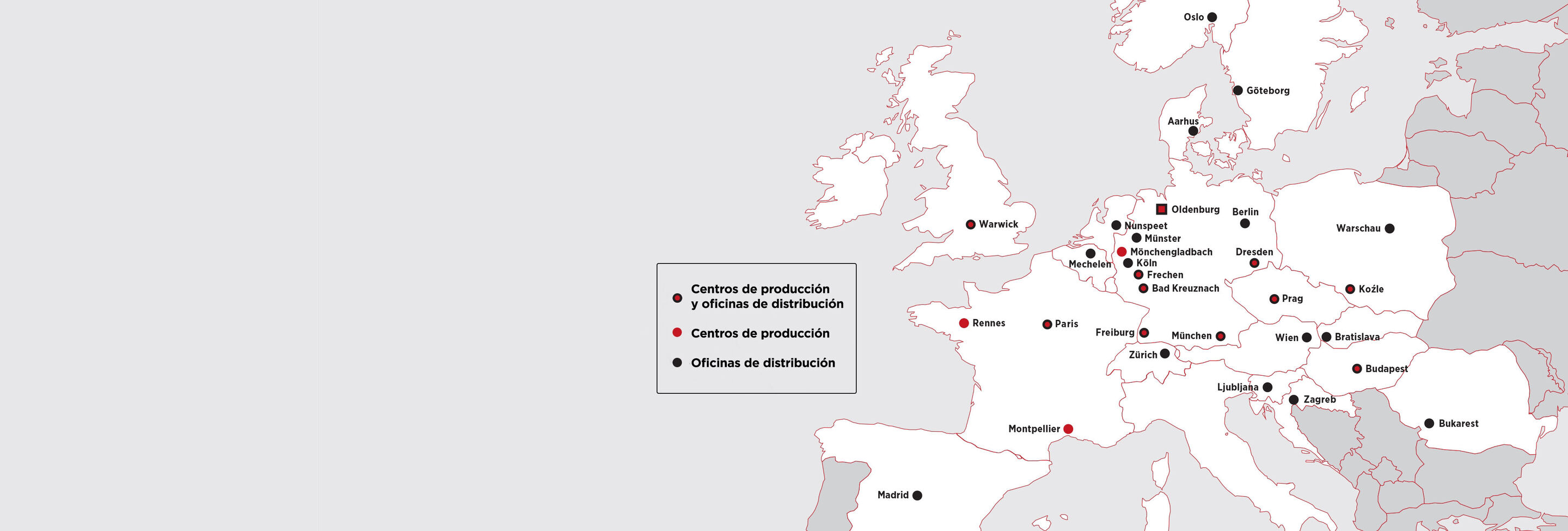 Mapa de Europa con instalaciones de producción y distribución marcadas.