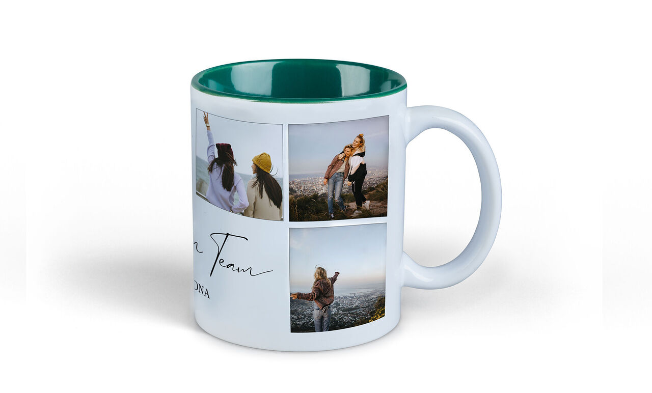 Taza con fotos de amigos y un texto cariñoso.