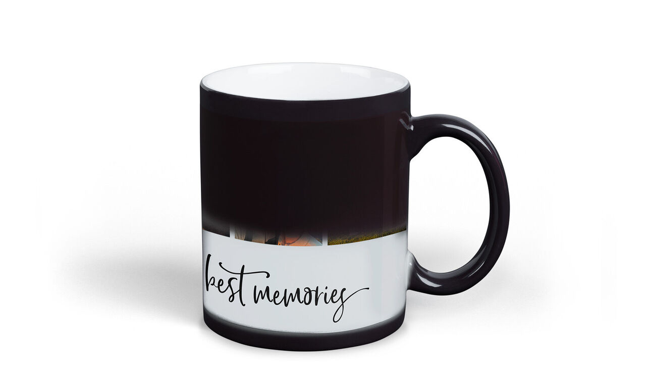 Taza negra con foto y la inscripción "mejores recuerdos" que se descubre gracias a la magia del calor cambiando la taza.