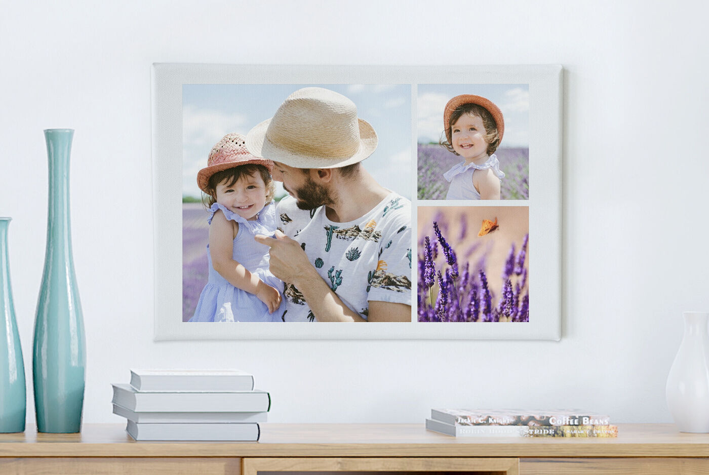 Una obra de arte con fotos familiares en un campo de lavanda y un momento alegre entre padres e hijo.