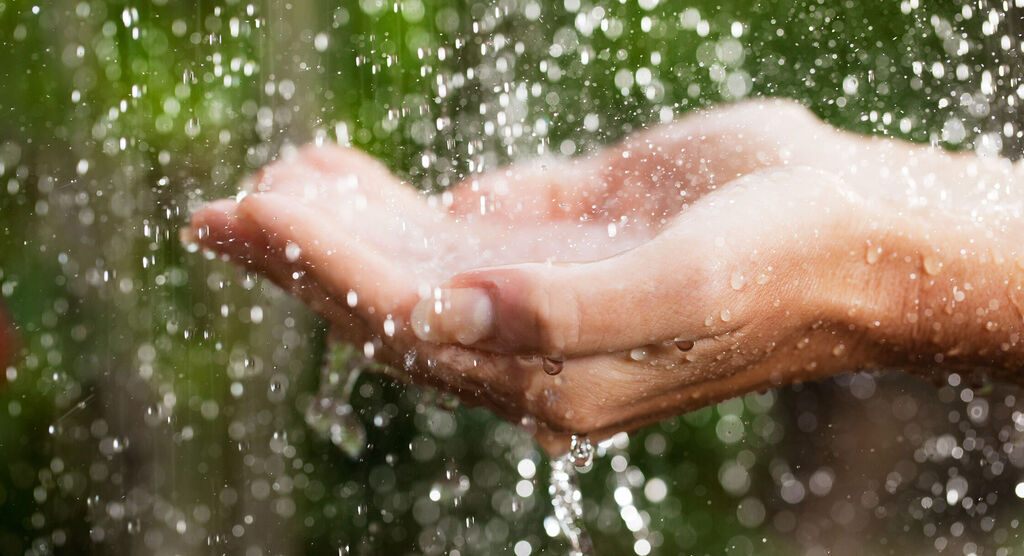 Manos sosteniendo agua en la naturaleza, rodeadas de gotas burbujeantes.