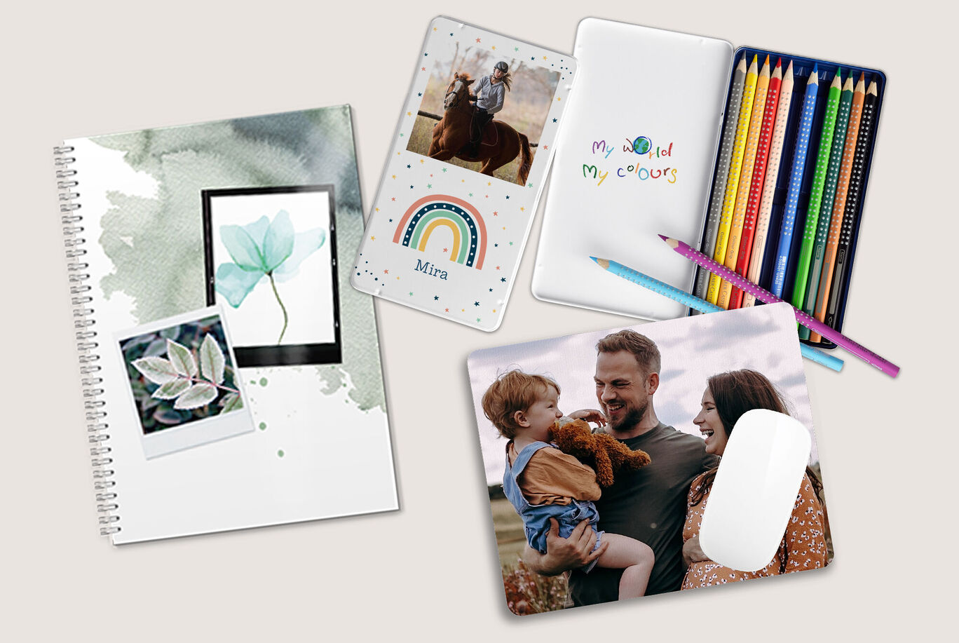 artículos de oficina personalizados con fotos: cuadernos, lápices, cuadernos, alfombrilla para ratón.