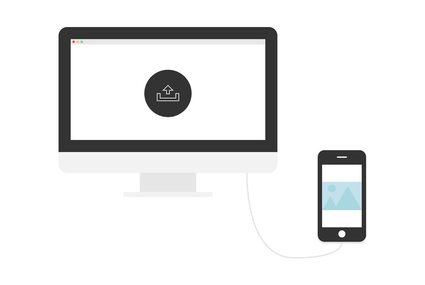 Computadora muestra símbolo de carga, smartphone con imagen de paisaje.