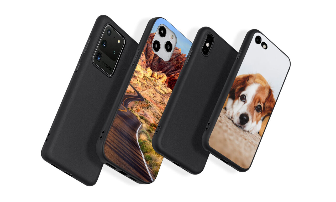 Tres fundas de teléfono en negro con diseños individuales: un paisaje, una imagen de perro y una ilustración colorida.