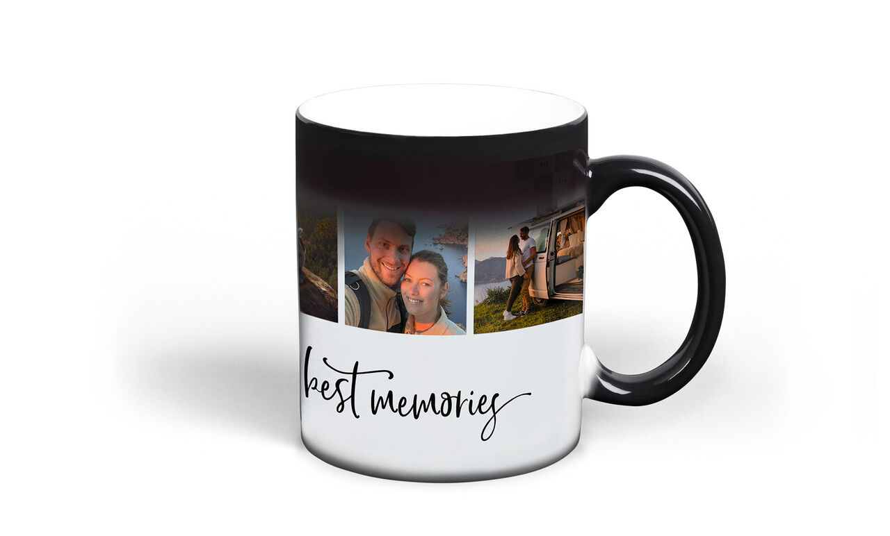 Taza negra con fotos y la frase "mejores recuerdos", se descubre una foto con calor gracias a su magia.