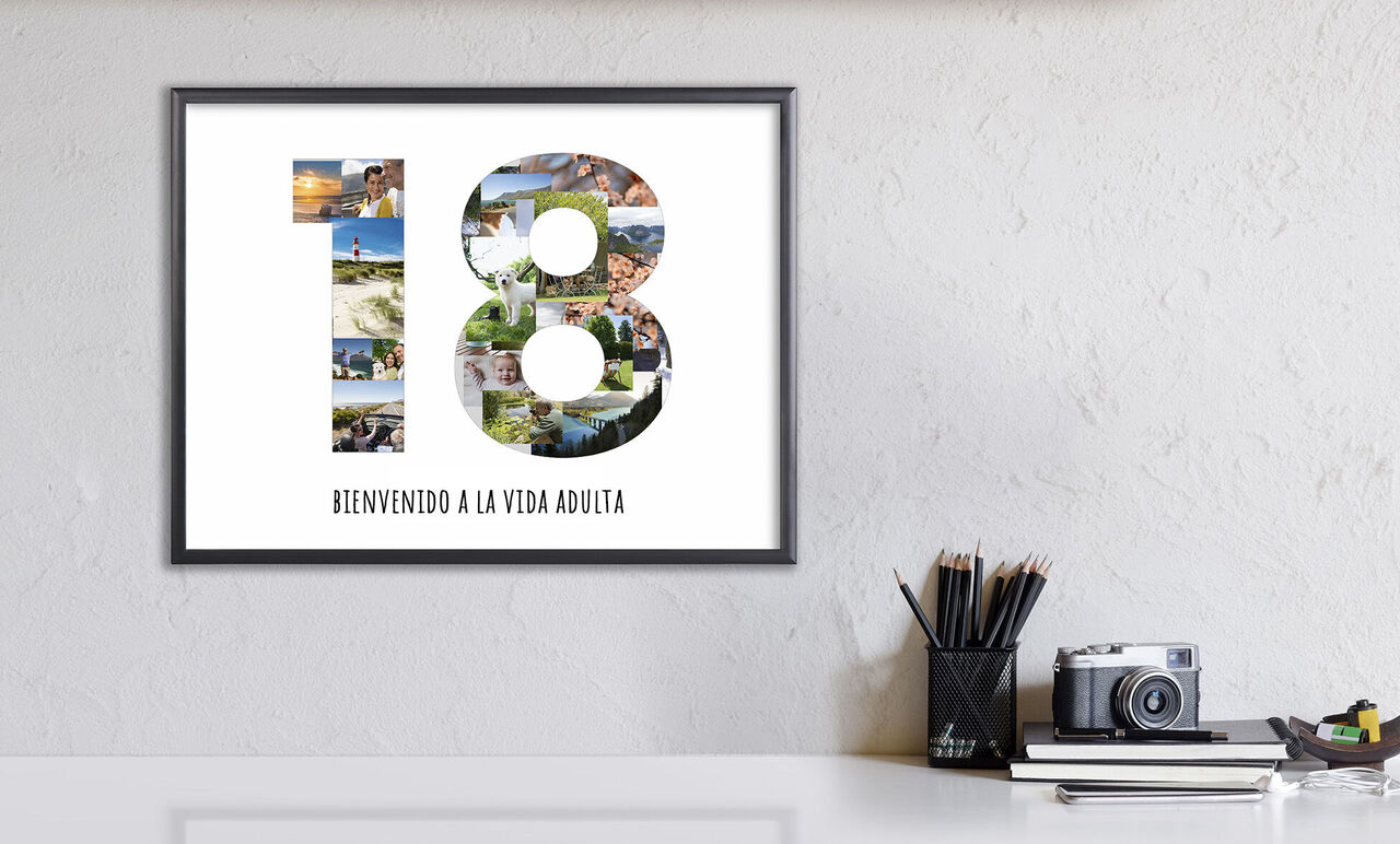 Poster de 18 cumpleaños con varias fotos decorando una mesa.