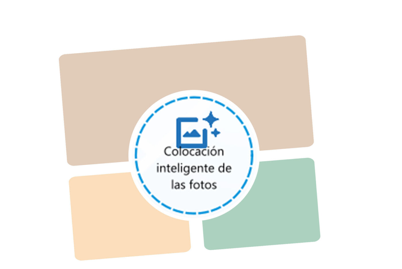 Ilustración de cuatro fotos en una cuadrícula con icono y texto "Colocación inteligente de las fotos