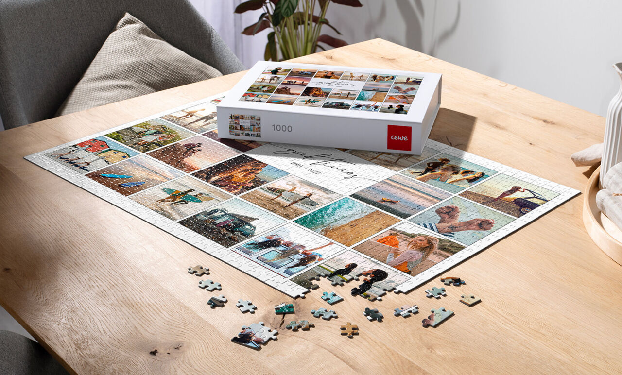 Puzzle personalizado de 1000 piezas con varias fotos en cuadrícula. Imagen de producto que muestra el puzzle a medio armar y su caja.